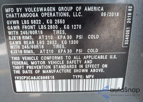 2018 Volkswagen Atlas 2.0T Se из США, поврежденный, VIN 1V2CP2CA8JC596515